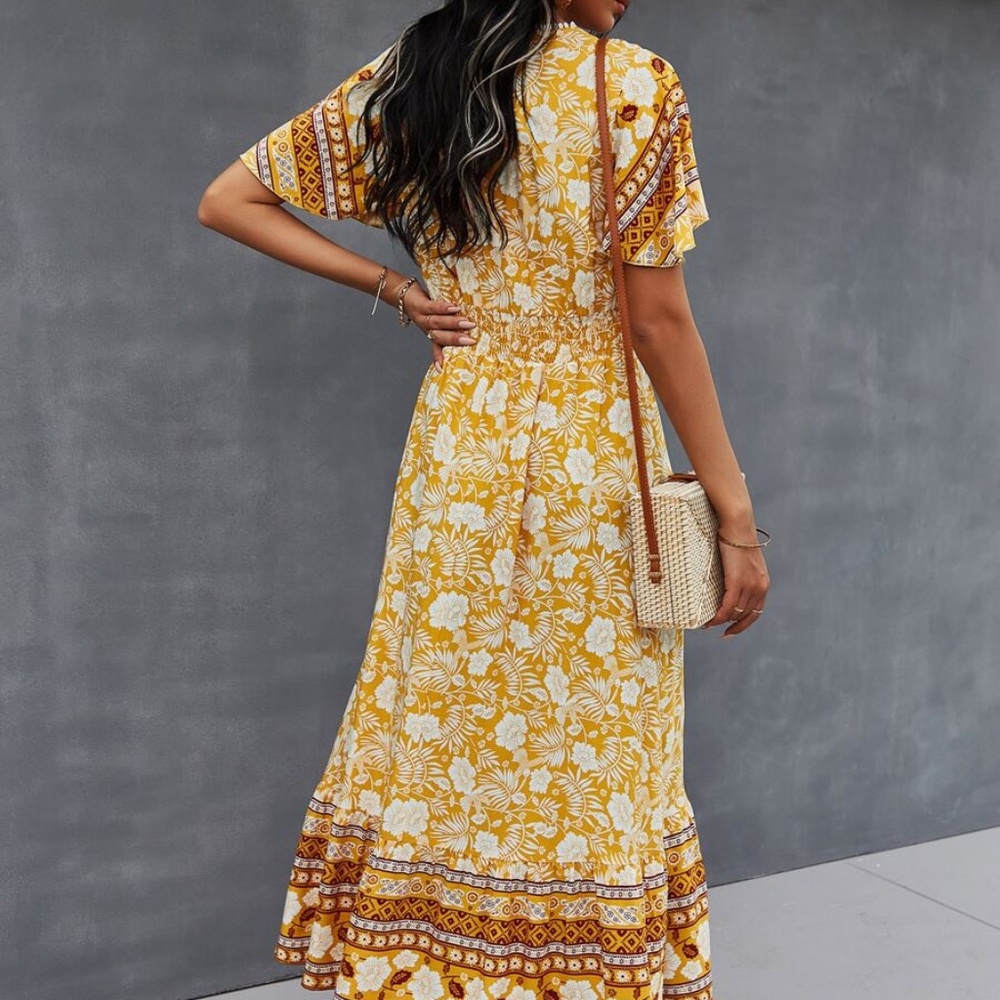 Boho Yellow Floral Print Butterfly Sleeve Midi Dress Cottagecore - Picture 4 of 13